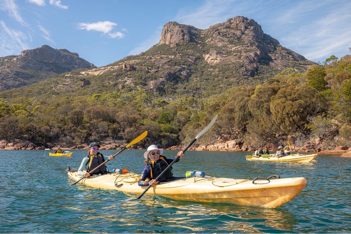Two people paddling on a yellow kayak on a lake