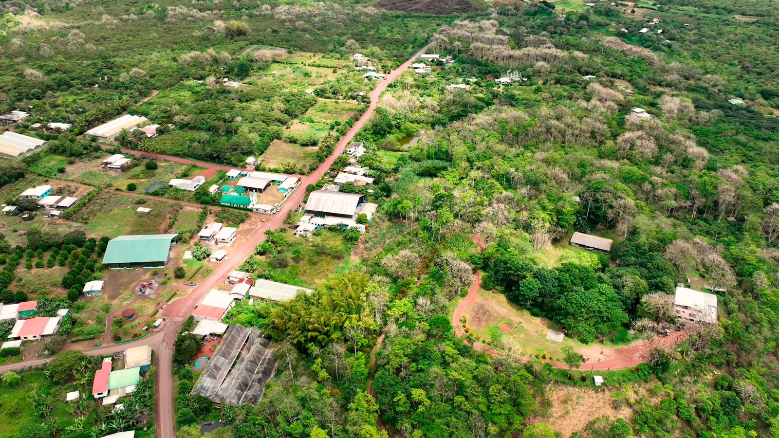 Sky view of a small village in the middle of a large field with dirt trails