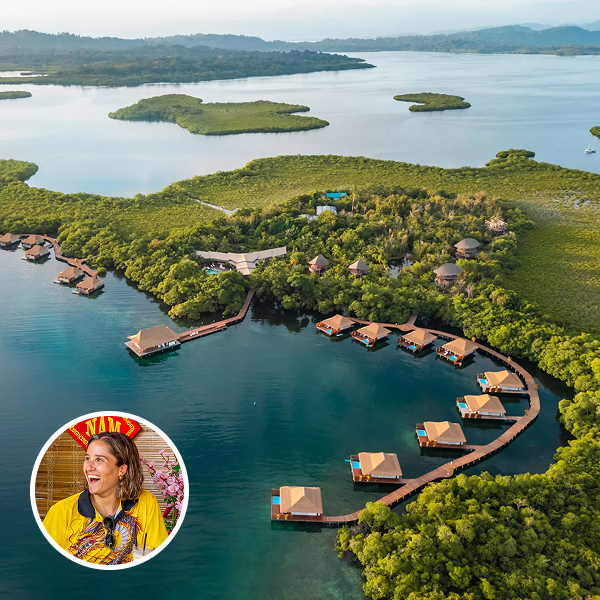 Shauna Pugliese headshot on top of travel photo from Costa Rica to Panama Multi Adventure.