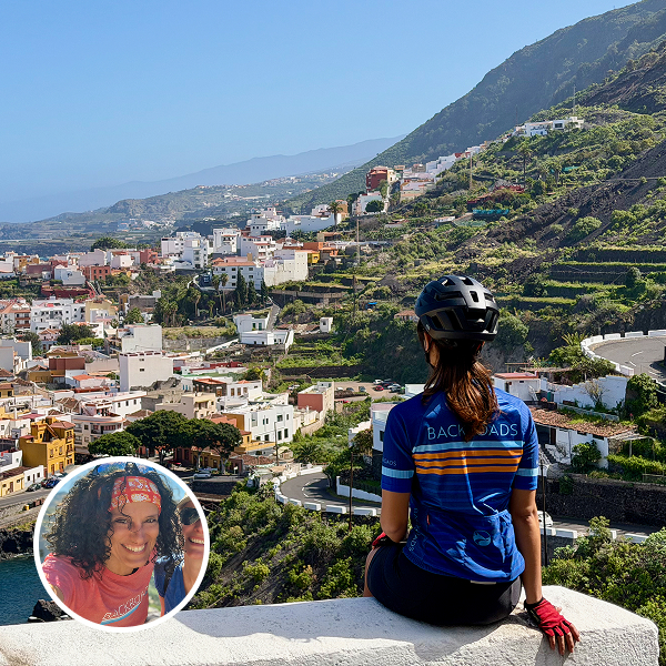 Lara Petinal Coll headshot on top of a trip photo from Canary Islands Bike Tour.