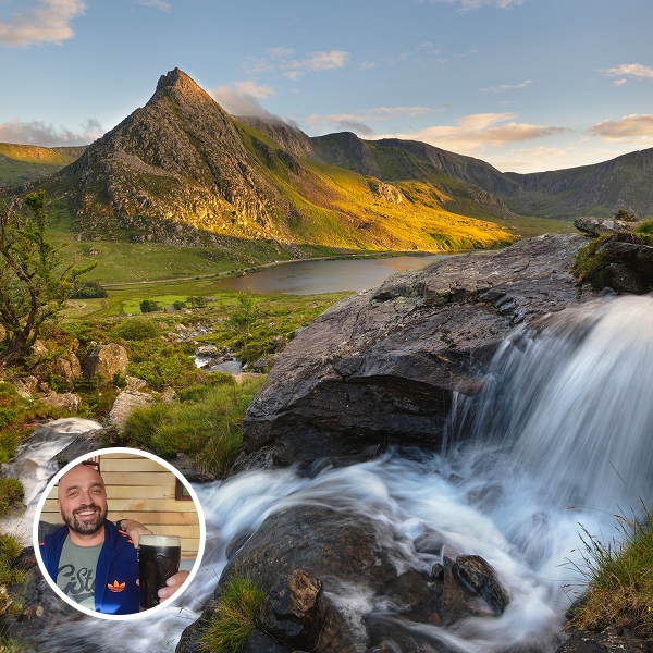 Rollo Reeder headshot on top of travel photo from England and Wales.