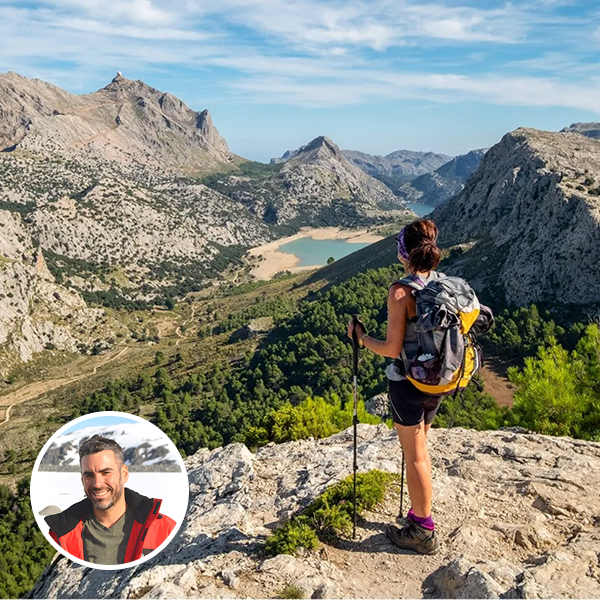 Miguel Angel Soto Ripolles headshot on top of a travel photo from Mallorca Lodge-to-Lodge Hiking Tour.
