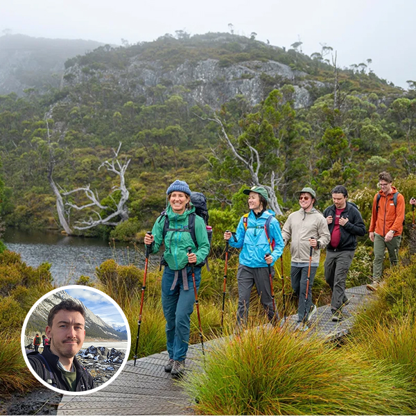 Joe McIlwraith headshot on top of a travel photo from Tasmania Multi-Adventure Tour.
