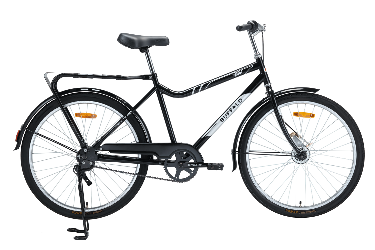 A black and white Buffalo branded bicycle