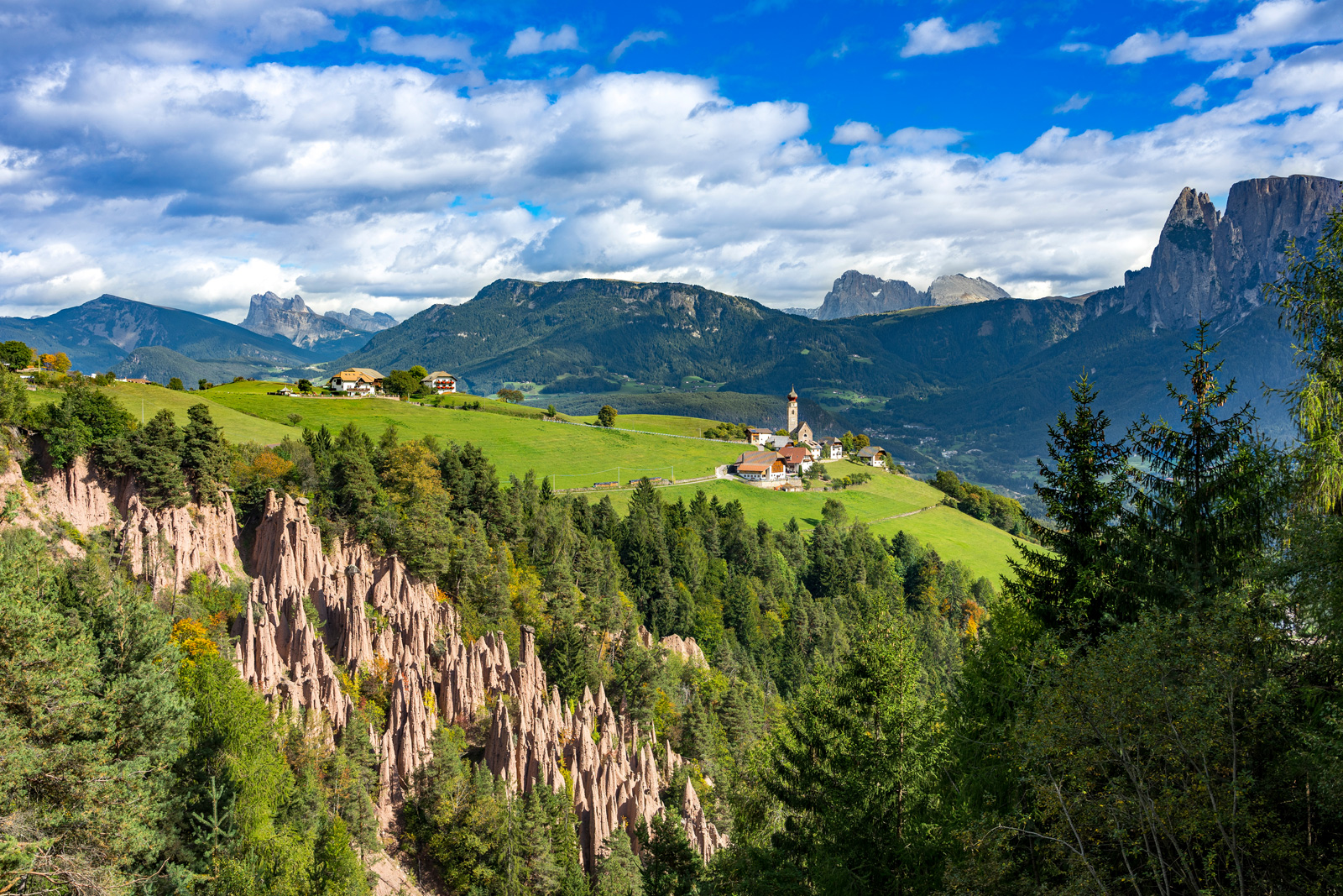 Large valley with a forest and a small town in the distance