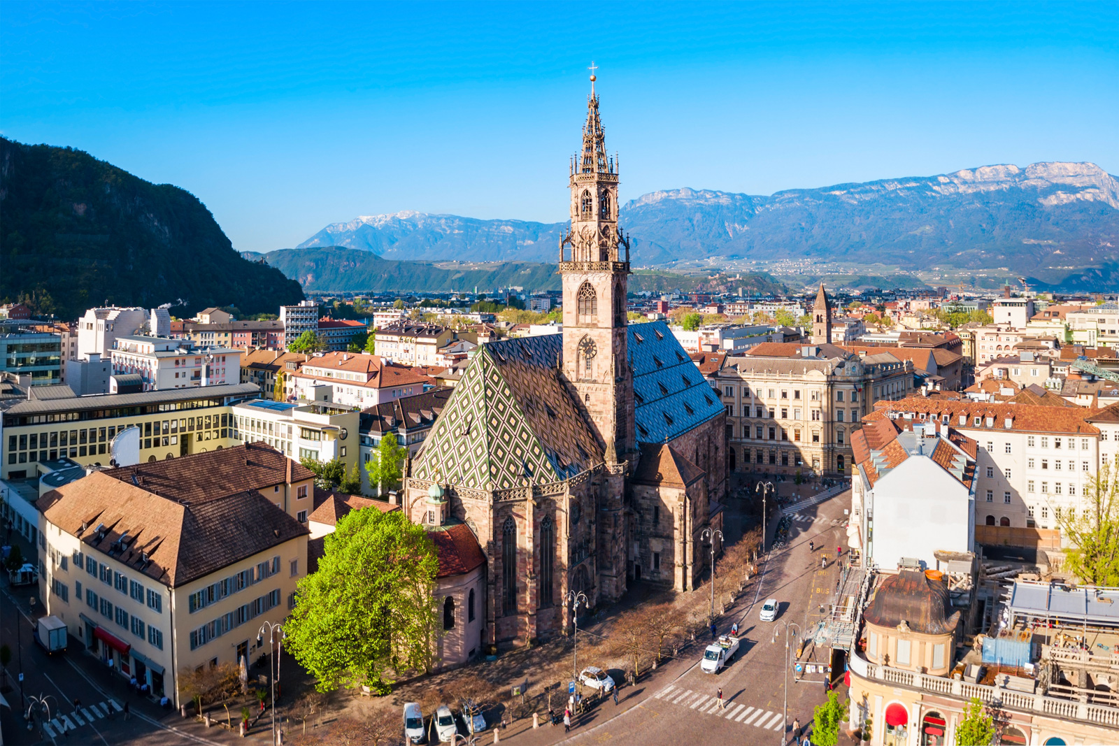 European town center with a large cathedral building