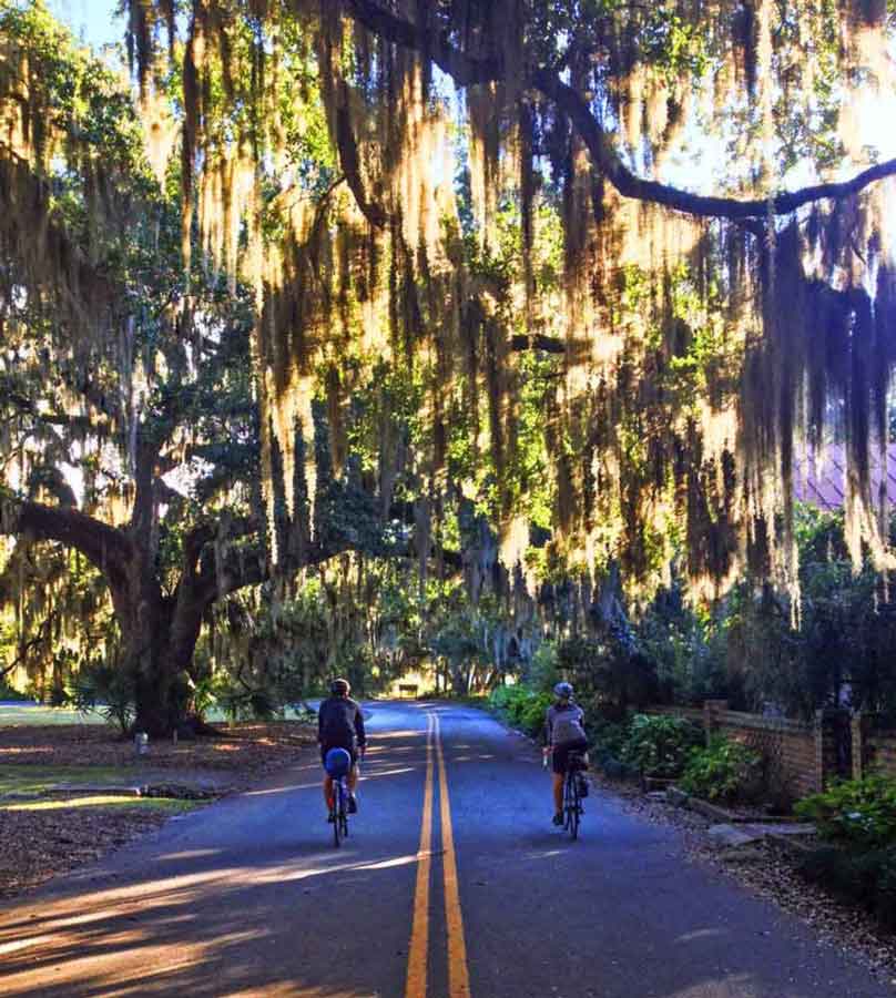Backroads Leaders Liz and Tyler on a mellow ride through hanging moss in Beaufort , South Carolina