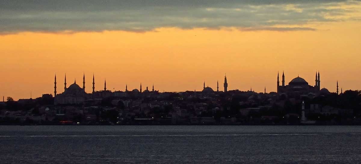 Minarets and mosques make up the evening Istanbul skyline