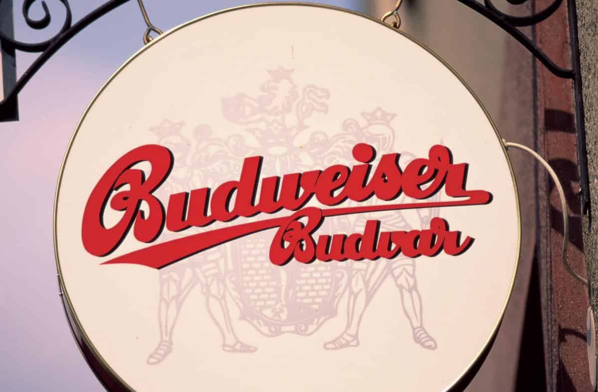 Original Budweiser Budvar sign in Prague, Czech Republic