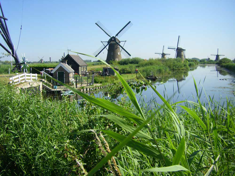 Windmills and a canal in the Netherlands