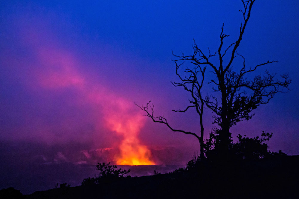 Lava and tree at night in Hawaii
