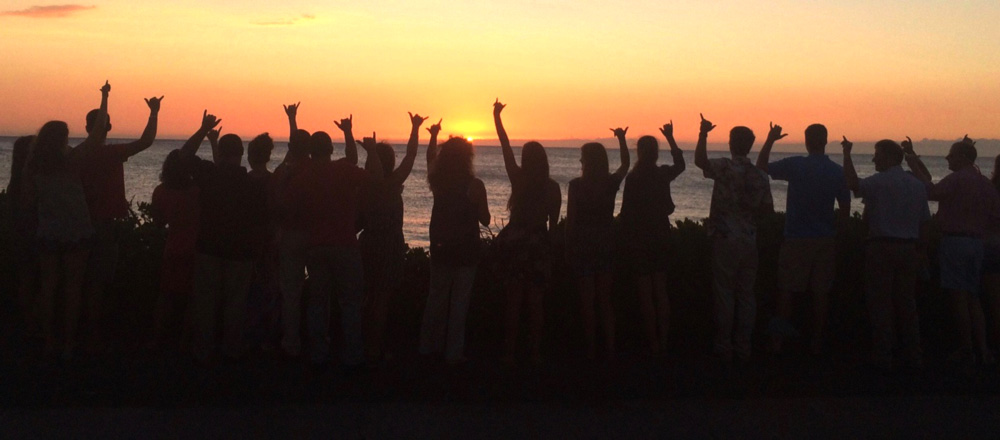 Hawaiin Sunset with people waving on the beach