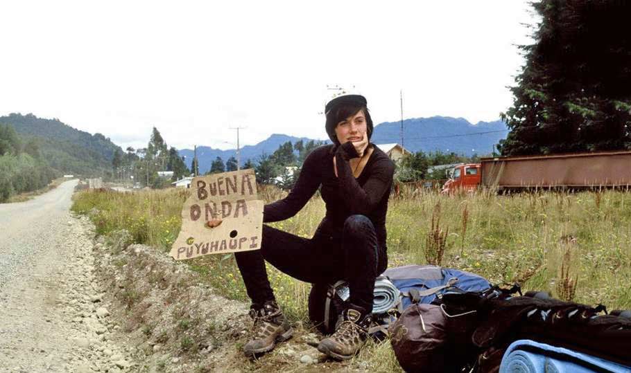 Tatyana with a sign on the road in Chile