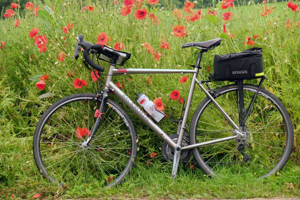 Backroads Titanium Road Bike in a meadow