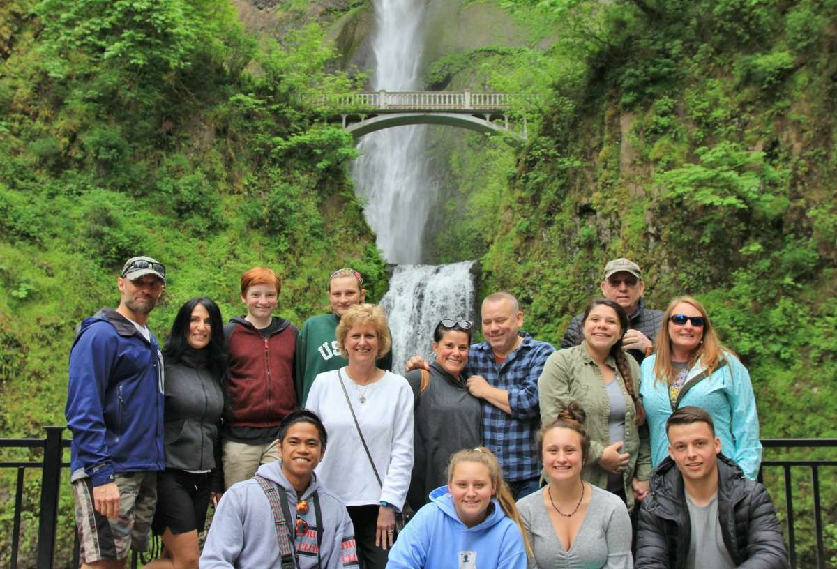 Family at Multnomah Falls in Oregon