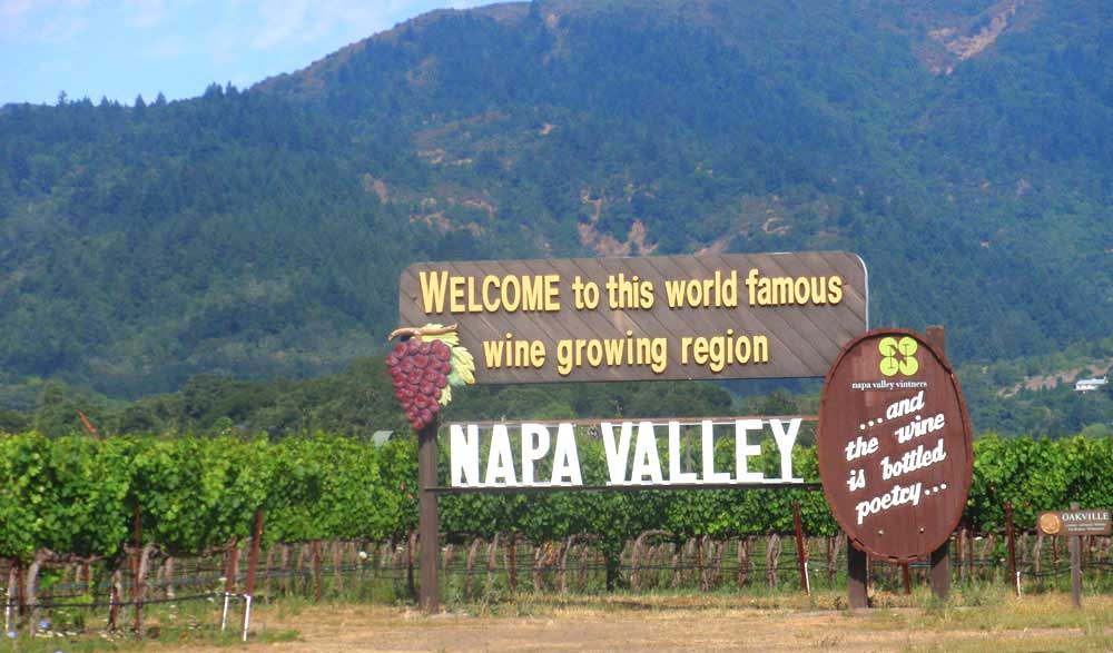 Napa Valley wine region sign and vineyard