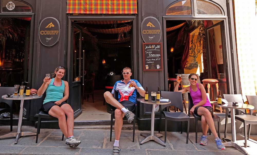 Bikers at an outdoor cafe in France