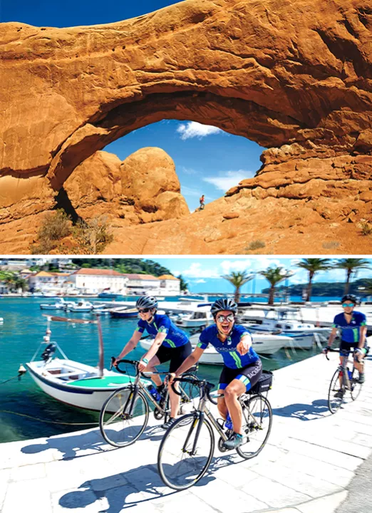Two stacked images, one of a natural arch and another of bikers on a wooden dock