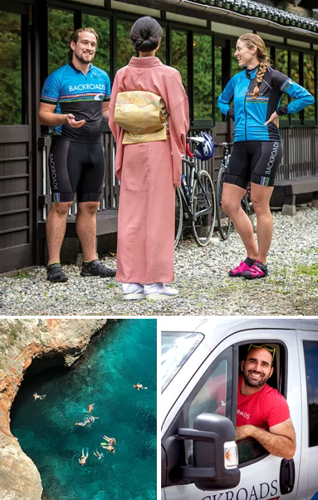 Three images in a grid: one of bikers standing and speaking with someone, one of swimmers in a natural body of water, one of a van driver
