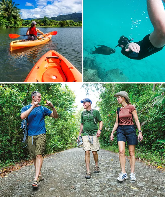 A grid of three images: kayakers, diving, and hiking