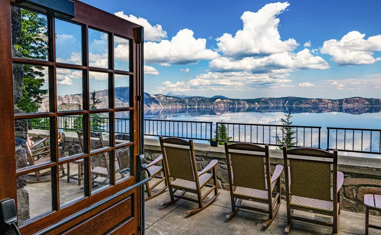 Wide shot of the view at The Crater Lake Lodge.