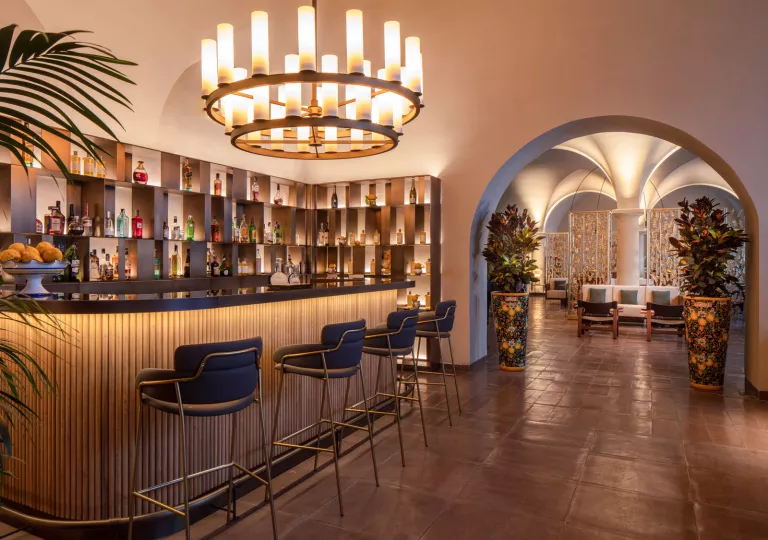 hotel bar with large chandelier