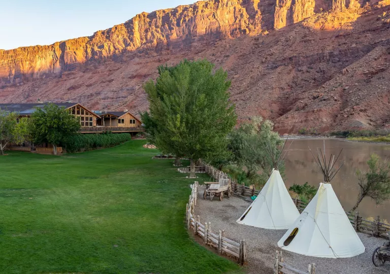 Grass field with two small, white tents next to a pond