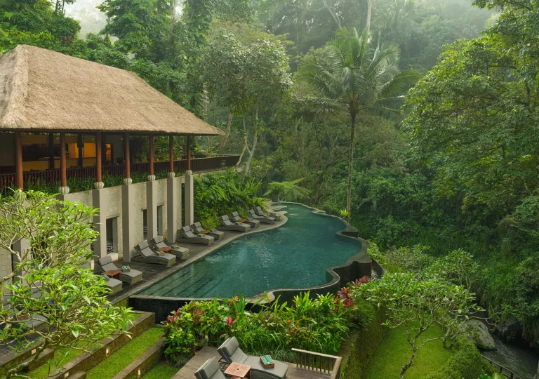 Outdoor pool next to a forest, with gray reclining chairs surrounding the pool