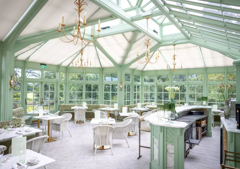 A mint green dining room