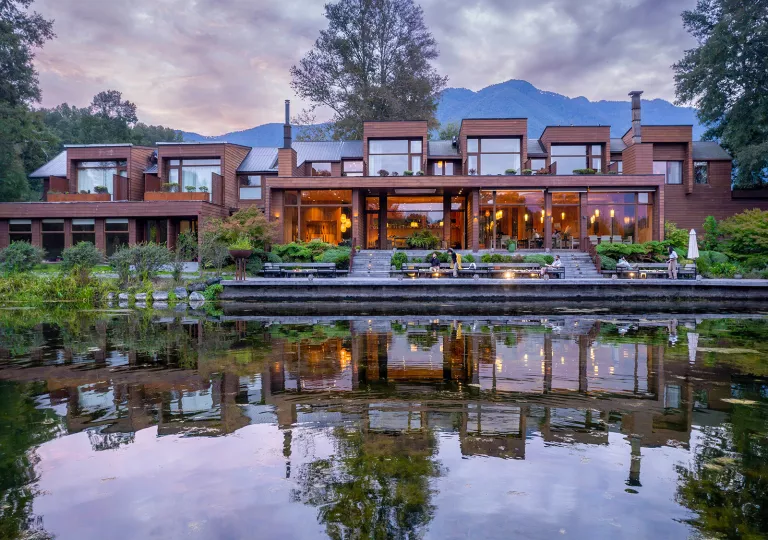 hotel on the river at dusk