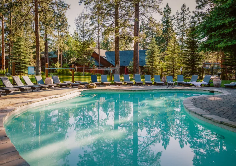 Swimming pool surrounded by lounge chairs
