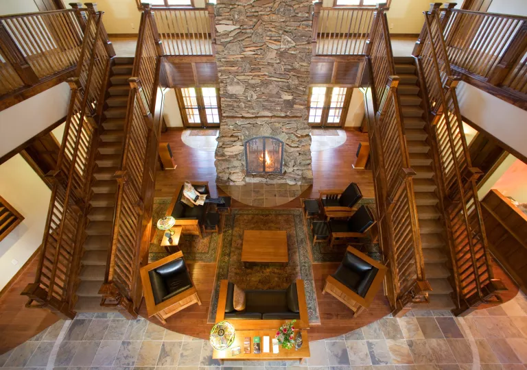 birds eye view of living room with fireplace
