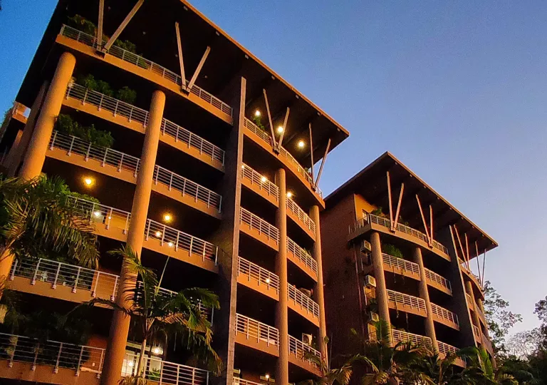 tall hotel building with balconies
