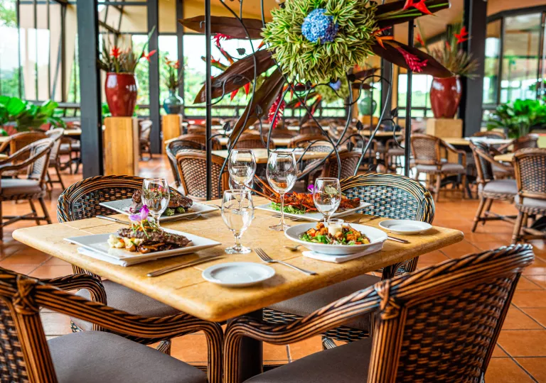 Dining table with plates of steak and lobster, with 4 glasses of wine