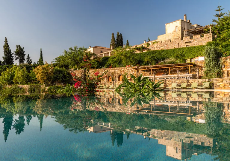 Outdoor pool surrounded by large plants and a stone building in the background