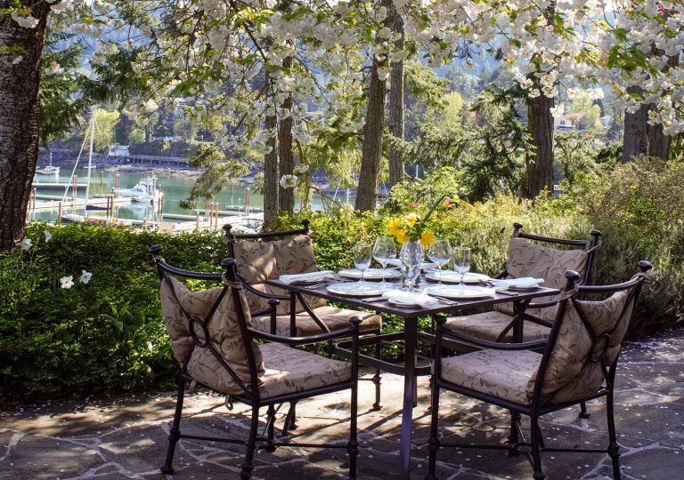 Dining table outdoors with glasses of wine and cushioned chairs