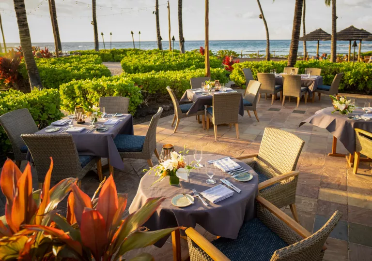 Outdoor, stone patio with dining tables, with a small garden and the ocean in the background