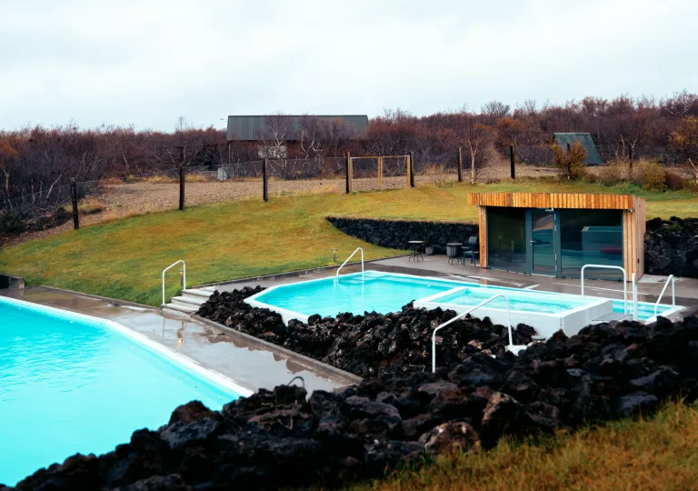 pool and hot tub in an orchard