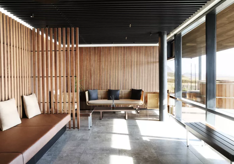 Indoor seating area with leather, cushioned chairs looking out to an outdoor sauna