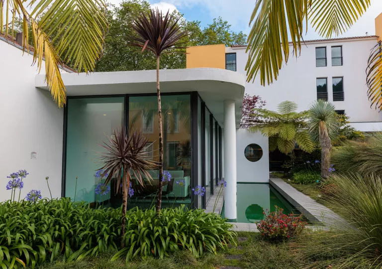 Building with large, glass walls with plants and palm trees outside