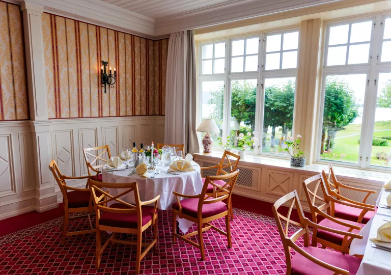 Dining room table with table settings