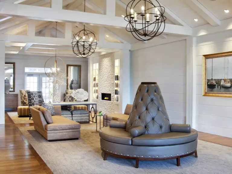 polished hotel lobby with chandeliers