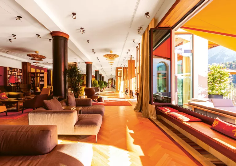 Library with couches and large open windows