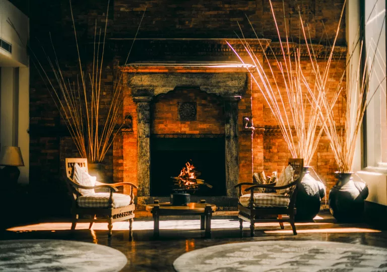 Indoor foyers with potted plants and two chairs in front of a fireplace