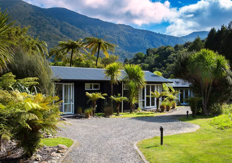 Blue building surrounded by tall plants and a gravel pathway
