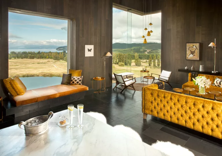 yellow sofas and large windows in a living room