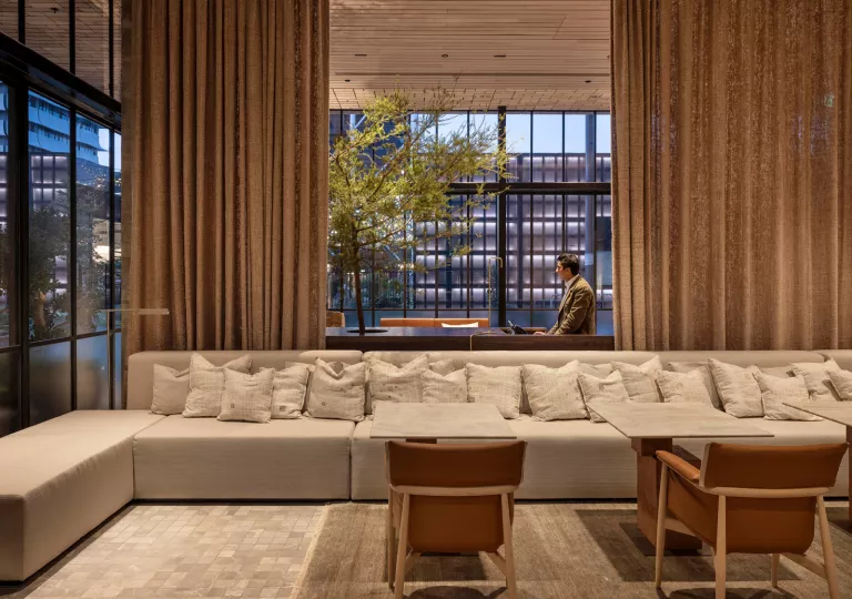 large couch in hotel lobby