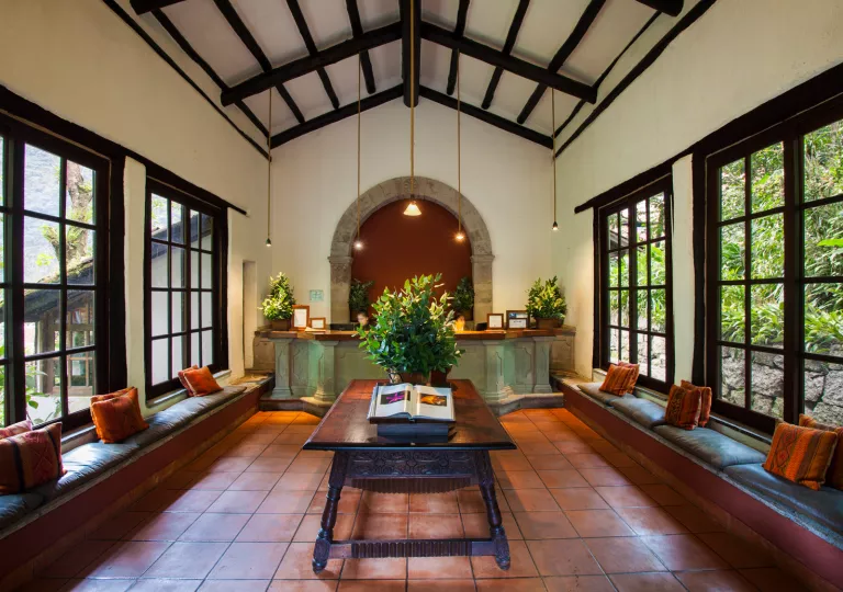 lobby with steeple ceiling and leather seats