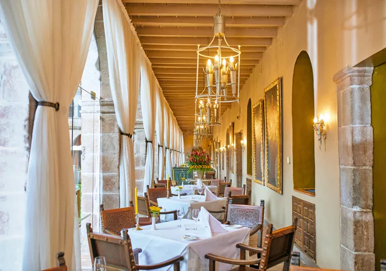 row of tables in a narrow room