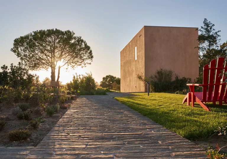 Outdoor stone walkway with a red chair on the right and a tall tree to the left